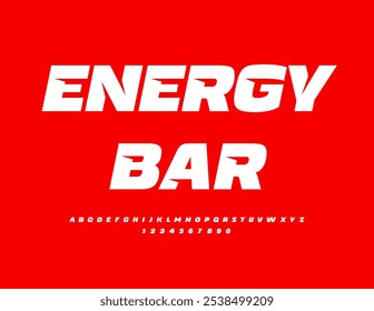 Vetor publicidade placa Energy Bar. Fonte Branca Exclusiva. Moderno legal letras alfabeto e números definido.