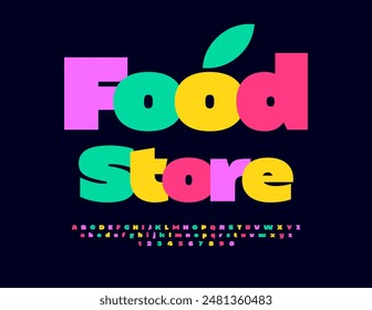 Vector advertising signboard Food Store. Bold Colorful Font. Bright Alphabet Letters and Numbers set.