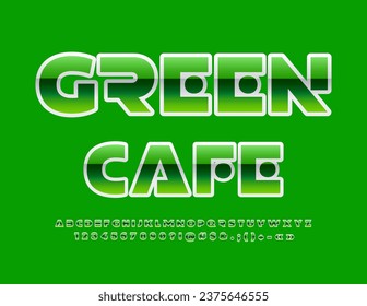 Vector advertising signboard Green Cafe. Futuristic style Font. Glossy Green Alphabet Letters, Numbers and Symbols set