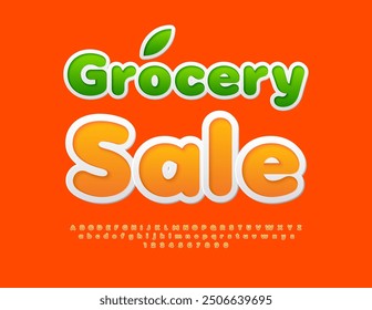 Vector advertising signboard Grocery Sale. Cute Orange Font. Bright Sticker Alphabet Letters and Numbers set. 