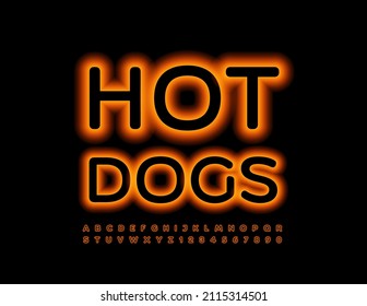 Vector advertising signboard Hot Dogs. Neon bright Font. Illuminated Led Alphabet Letters and Numbers