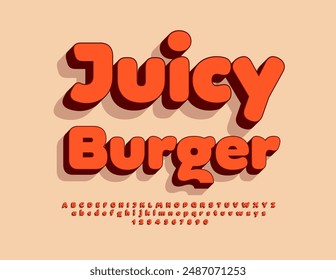 Vector advertising signboard Juice Burger. Bright 3D Font. Creative Alphabet Letters and Numbers set.