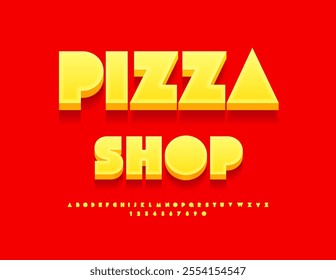 Vector advertising signboard Pizza Shop with Big Bright Font. Yellow Bold Alphabet Letters and Numbers set.