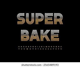Vector advertising signboard Super Bake. Modern Elite Font. Luxury Gold Alphabet Letters and Numbers set.