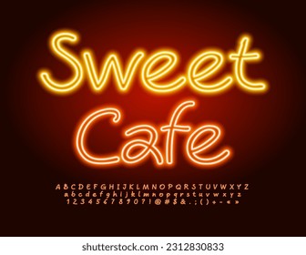 Vector advertising Signboard Sweet Cafe. Bright Glowing Font. Neon artistic Alphabet Letters and Numbers.