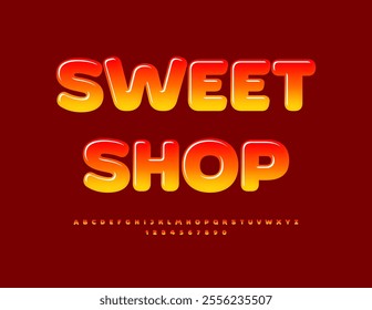 Vector advertising signboard Sweet Shop. Candy style Font. Cute Children Alphabet Letters and Numbers.