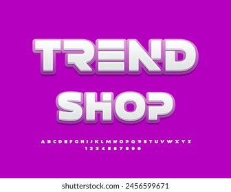 Vector advertising signboard Trend Shop. Bright Futuristic Font. Modern Alphabet Letters and Numbers set.