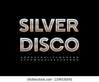 Vector advertising Silver Disco.  Stylish Silver Font. Metallic Alphabet Letters and Numbers