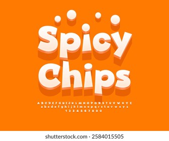 Vector Advertising sticker Crispy Chips. Joyful White 3D Font. Artistic set of Alphabet Letters and Numbers