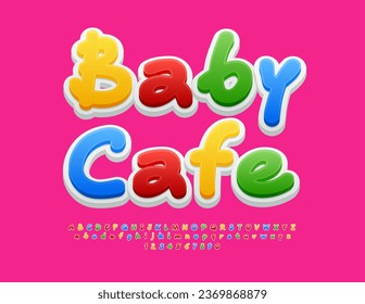 Vector advertising template Baby Cafe. Funny Colorful Alphabet Letters, Numbers and Symbols set. Bright Font for Children 