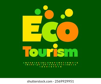 Vector advertising template Eco Tourism. Classic Colorful Alphabet Letters and Numbers set. Bright Digital Font