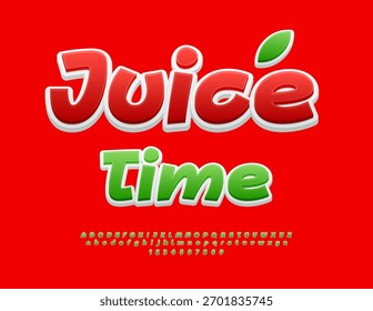 Vector Advertising template Juice Time. Funky Green Font. Artistic Alphabet Letters and Numbers set.