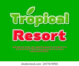 Plantilla de publicidad de Vector Tropical_Resort. Fuente roja brillante. Conjunto de letras y números de alfabeto elegante brillante.