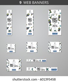 Vector advertising web banners with big sale and with pattern funky fish