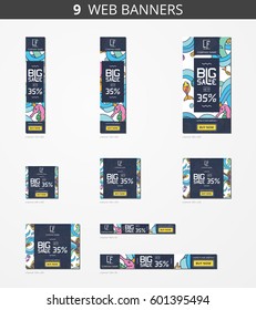 Vector advertising web banners with big sale and seabed