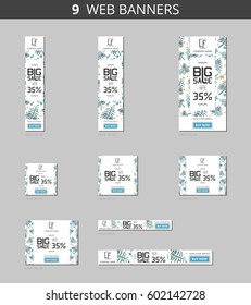 Vector advertising web banners with big sale and with pattern blue plants