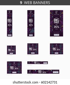Vector advertising web banners with big sale and with violet water