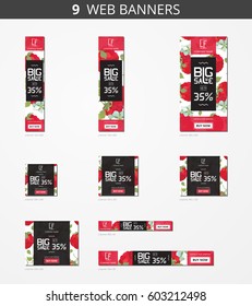 Vector advertising web banners with big sale and with pattern raspberries