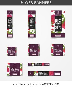 Vector advertising web banners with big sale and with pattern strawberry and leaves