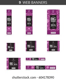 Vector advertising web banners with big sale and with roses on a lilac background