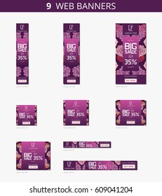 Vector advertising web banners with big sale and with pattern romantic flowers