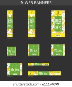 Vector advertising web banners with big sale and with pattern lemons and flowers