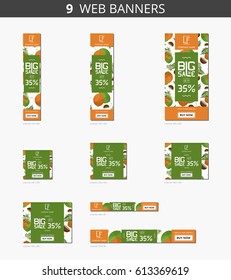 Vector advertising web banners with big sale and with pattern coconut and leaves