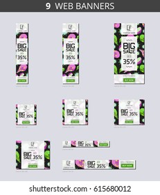 Vector advertising web banners with big sale and with pattern pitaya and flower
