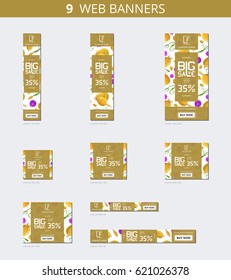 Vector advertising web banners with big sale and with pattern garlic and seeds