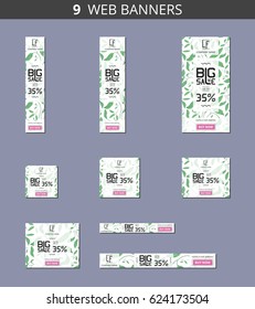 Vector advertising web banners with big sale and with pattern green peony leaves