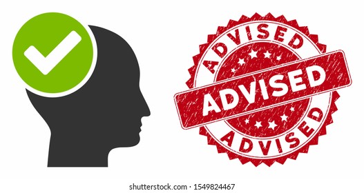 Vector advised icon and distressed round stamp seal with Advised caption. Flat advised icon is isolated on a white background. Advised stamp seal uses red color and dirty design.