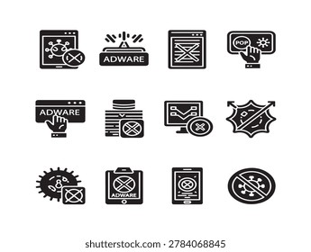 Vector adware protection icons set with security symbols and warning signs