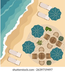 Vector aerial view of a beach scene with wooden cafe tables and armchairs, potted plants, loungers with umbrellas on sandy shore by turquoise sea, isolated on white background