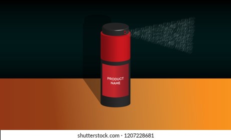 Vector aerosol spray red bottle with sprinkler on the orange surface and dark green wall behind