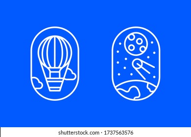 Icono de línea de aeroestado vectorial de la línea de globo de aire. El satélite vuela en el espacio contra el telón de fondo de la ilustración vectorial de la luna y las líneas terrestres.