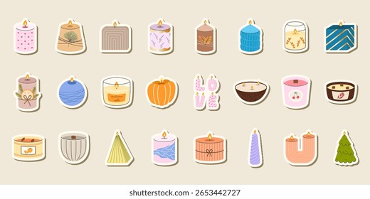 Vector Aesthetic candle clipart set of aromatic and decorative candles in jars and different forms. Perfect for autumn, winter, Christmas, or Valentines Day designs