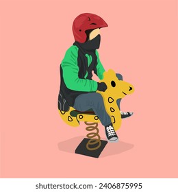 estética vectorial de un agarrador de gojek que monta un juego de poni