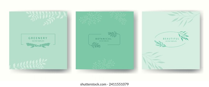 Conjunto estético vectorial de cubiertas botánicas con siluetas de cuadros ramas y hojas. Diseño delgado para cubiertas, embalajes, cosméticos, floristería, tarjetas, diseño de bodas