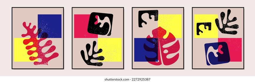 Vector aesthetic wall art room decor screenprint canvases. Stylish artistic vibrant tropic summer leaf compositions. Hand drawn modern Matisse inspired Scandinavian hygge lagom home wall decor prints