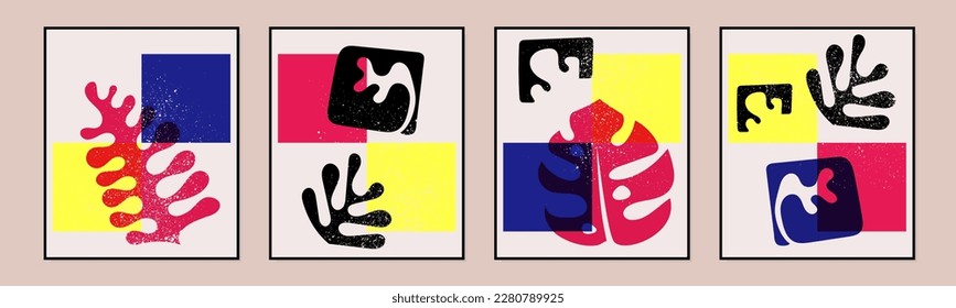 Vector aesthetic wall art room decor screenprint canvases. Stylish artistic vibrant tropic summer leaf compositions. Hand drawn modern Matisse inspired Scandinavian hygge lagom home wall decor prints
