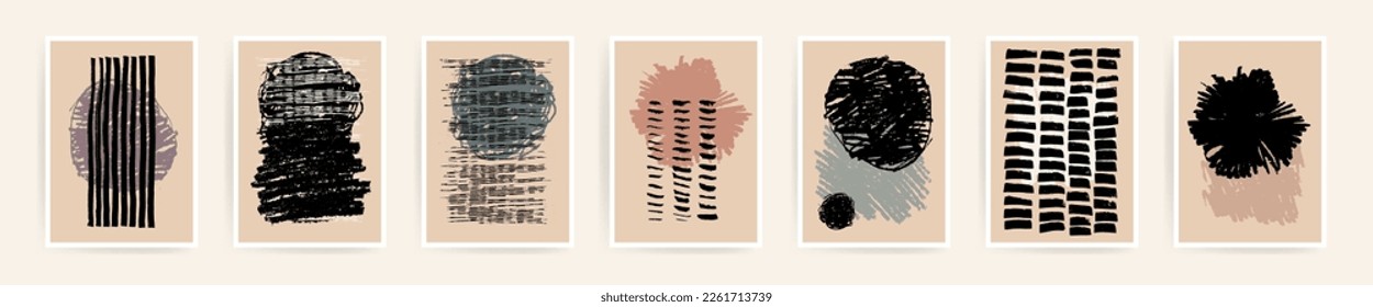 Vector aesthetic wall collage. Abstract hand drawn wall art poster prints. Danish design in black and neutral natural colors. Bedroom wall prints. Mid Century Modern design. Posters art illustration