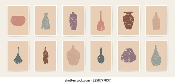 Vector aesthetic wall hygge pots, jugs, vases abstract hand drawn wall art poster prints. Danish design neutral natural colors. Kitchen wall prints. Mid Century Modern design. Posters art illustration