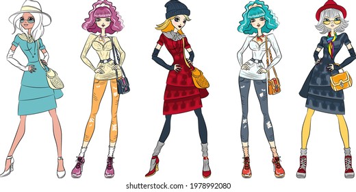 Vector aet of beautiful fashion hipster girls top models in jeans, shirt, boots with bags