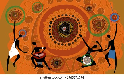 Vector. Africa. Bright Color. Four Men, Black, African, Dance Ritual Dances. White, Red, Blue Clothes. Semi-naked. Barban, Mandalas, Orange Color. Nicaragua. 