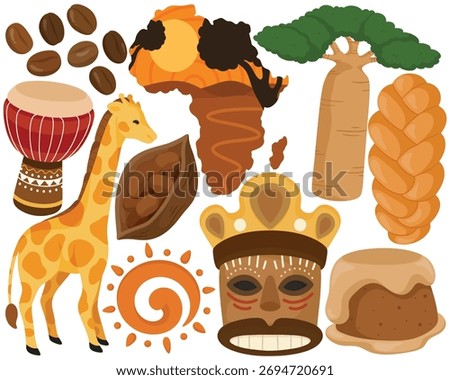Vector Africa Clip Art Set Safari Travel Elements Giraffe Map Baobab Drum Mask Coffee Bean Illustration Isolated on White Background Graphic African Savanna Wildlife Animal