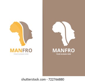 Vector africa and face logo combination. Safari and people symbol or icon. Unique continent and man logotype design template.