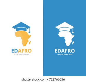 Vector africa and graduate hat logo combination. Safari and study symbol or icon. Unique geography, continent and college logotype design template.