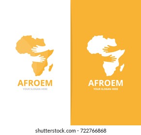 Vector africa and hands logo combination. Safari and embrace symbol or icon. Unique geography, continent and hug logotype design template.