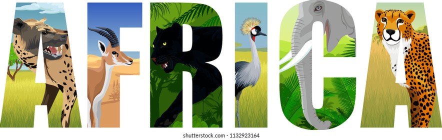 vector Africa illustration with elephant, spotted hyena, crowned crane, gazelle, cheetah and black panther