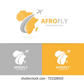 Vector africa and plane logo combination. Safari and travel symbol or icon. Unique geography, continent and flight logotype design template.